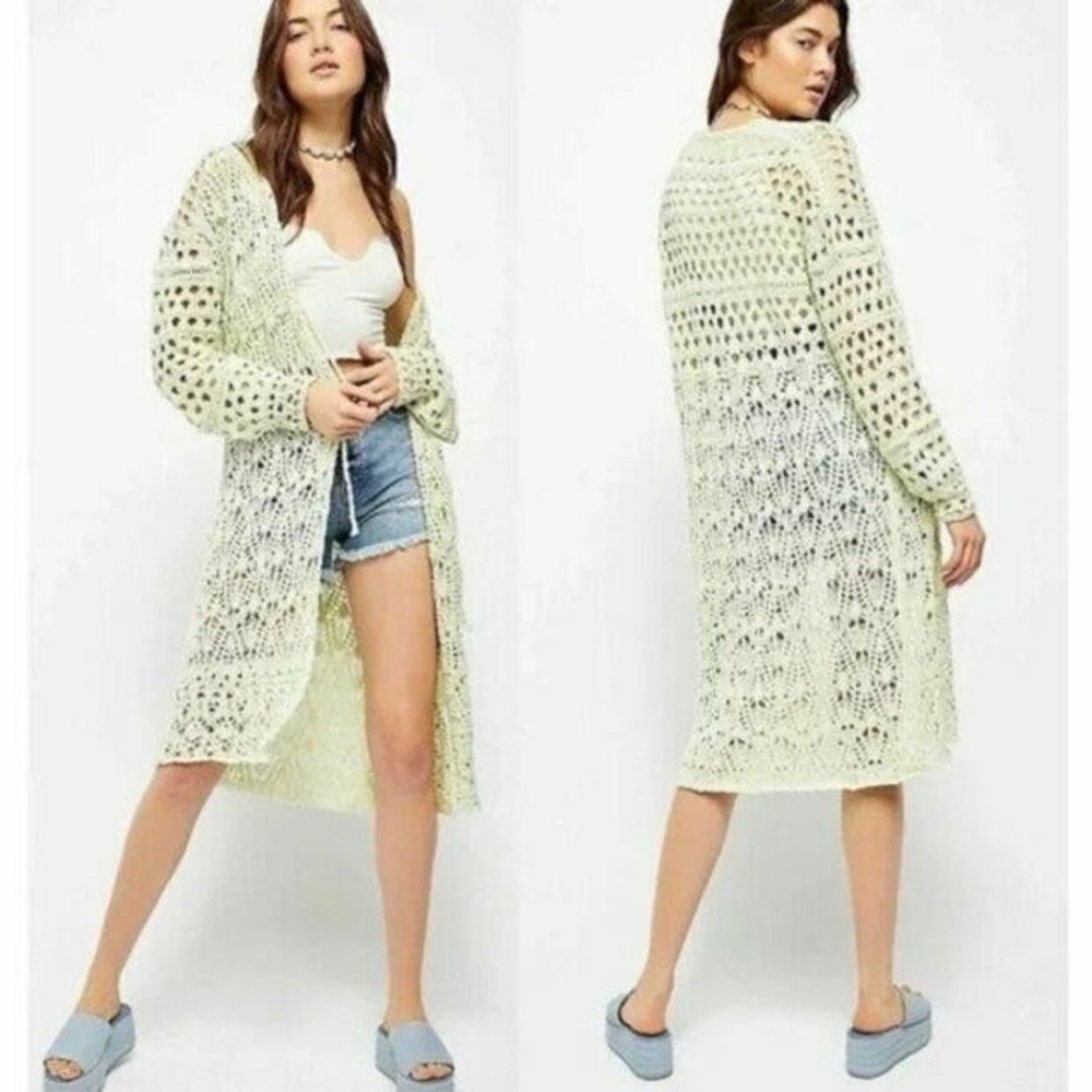 Free People Sweet Talker Long Crochet Cardigan Honeydew in Size Small